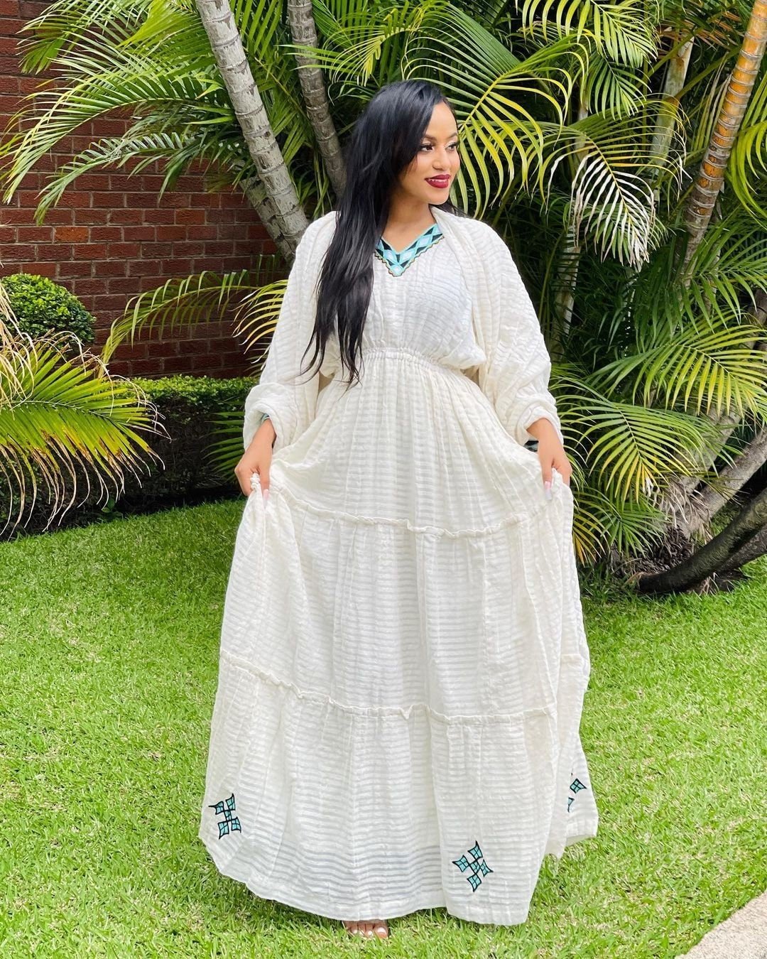 Simple Habesha Dress with Delicate Light Blue Designs Habesha Kemis Habesha libs