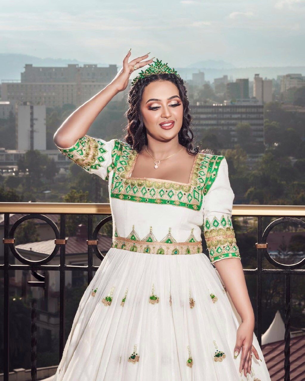Enchanting Elegant Habesha Kemis Beaded Habesha Wedding Dress with Stunning Green and Multicolor Designs
