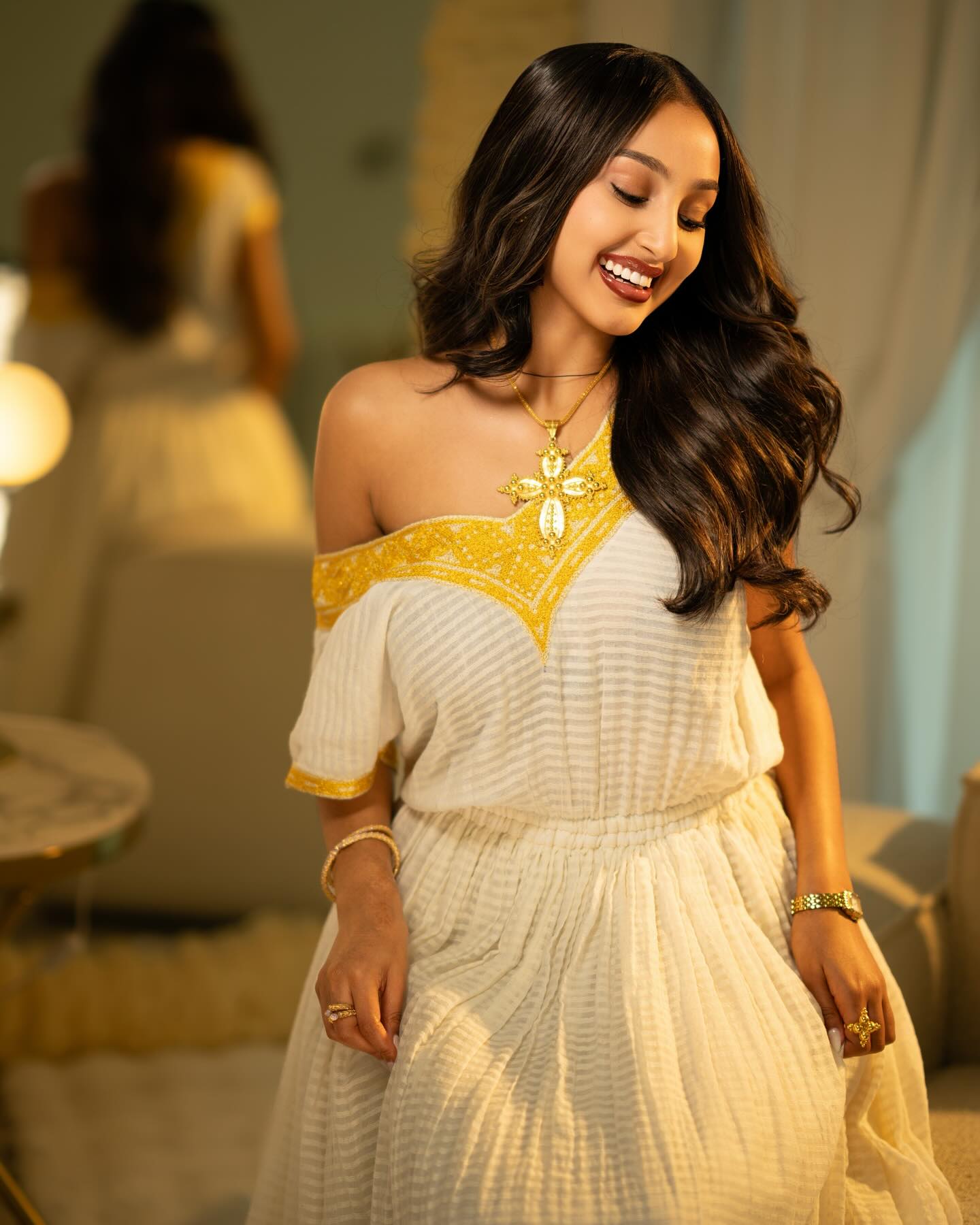 Ethiopian Traditional Dress White and Yellow Embroidered Habesha Kemis Simple Habesha Dress 177