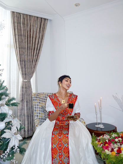 Ivory Gown with Red Embroidery Habesha Kemis Traditional Ethiopian Dress Flowing Design Habesha Dress 430
