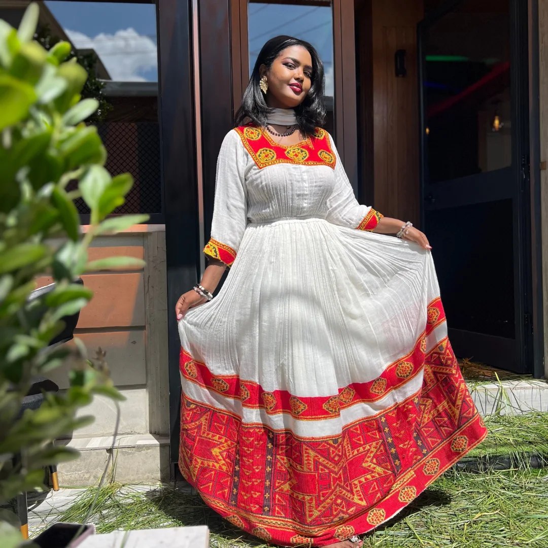 Authentic Ethiopian Clothing Collection Classic Habesha Dress Red Woven Habesha Kemis 444