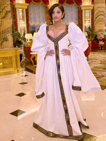Puff Sleeve Habesha Dress with Embroidery Ethiopian Traditional Dress