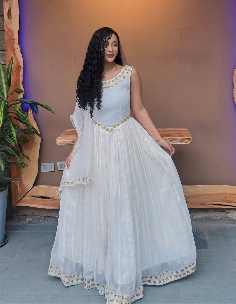 White Habesha Kemis with Gold Embroidery – Elegant Ethiopian Dress