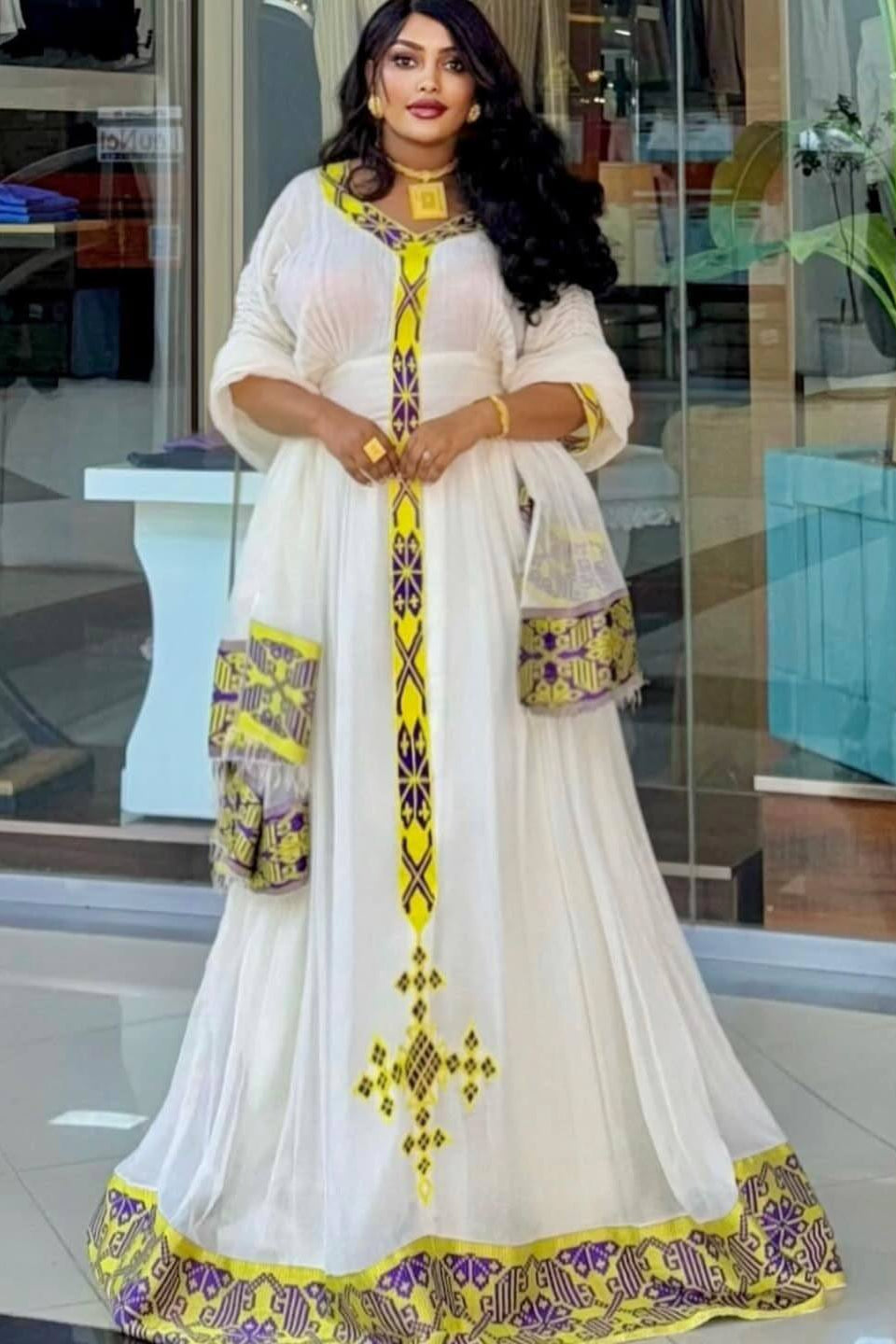 Yellow & Purple Tibeb Habesha Kemis – Traditional Ethiopian Dress
