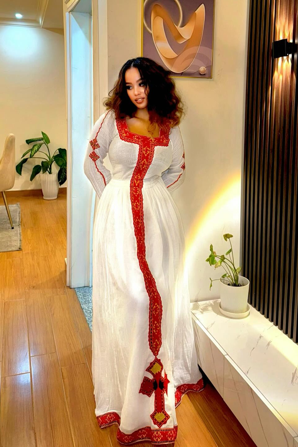 Ethiopian Habesha Kemis with Red Cross Motif Traditional White Habesha Dress Beautiful Ethiopian Cloth For Festive 0094