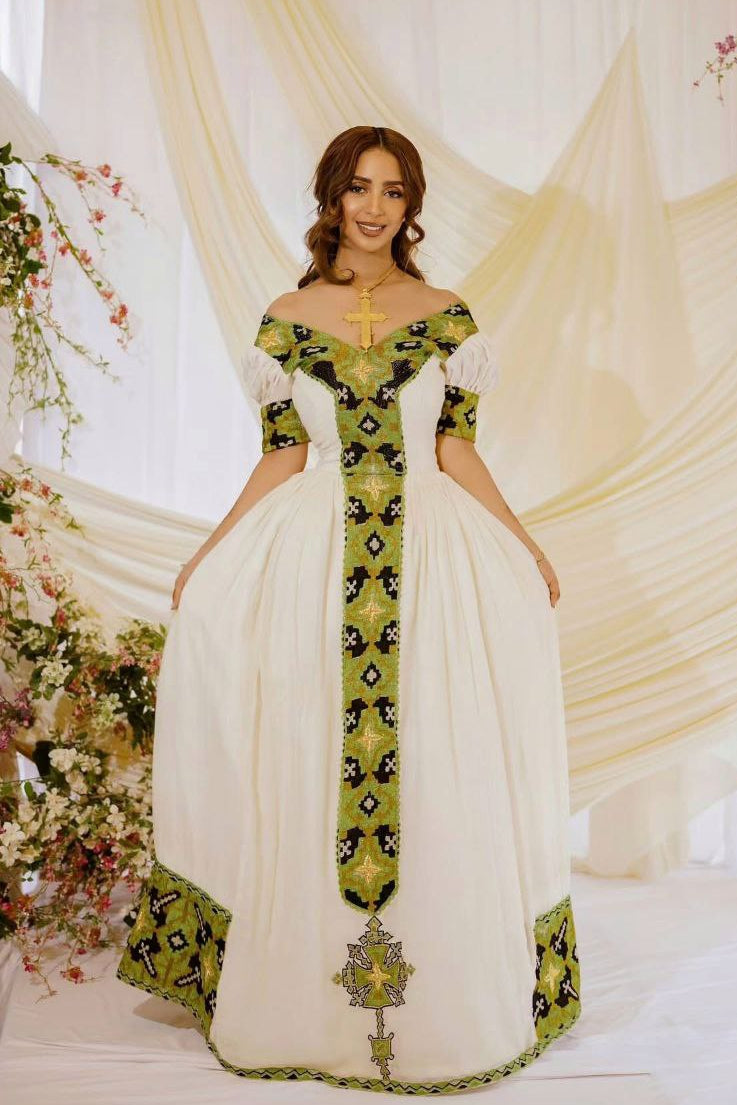 Traditional Ethiopian Habesha Kemis – Green & Black Tibeb with Cross Design