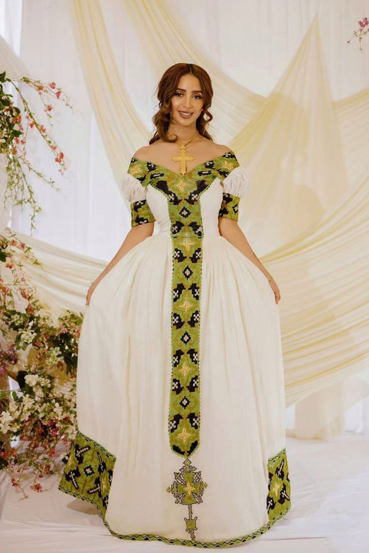 Traditional Ethiopian Habesha Kemis – Green & Black Tibeb with Cross Design