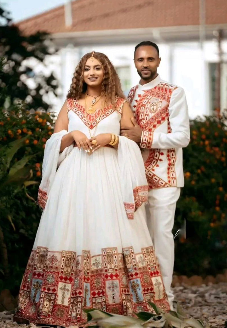 Matching Ethiopian Wedding Outfits – Traditional Habesha Kemis & Men’s Suit