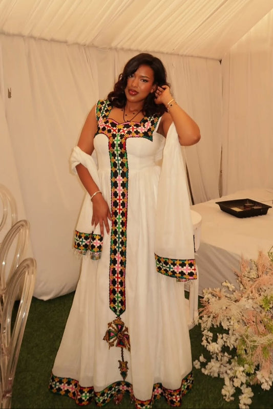 Colorful Habesha Kemis - Traditional Ethiopian Dress with Cross & Tibeb Design