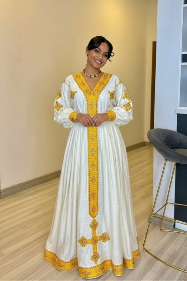 Habesha Traditional Dress | Ethiopian & Eritrean Cultural Dress in White and Gold
