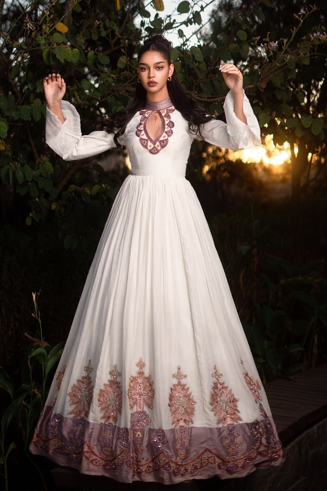 Lilac Embroidered Traditional Ethiopian Wedding Dress – Modern Habesha Kemis