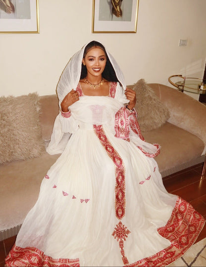 Traditional Ethiopian Dress – White & Red Habesha Cloth for Cultural Celebrations