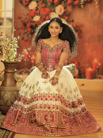  red and gold embroidered traditional ethiopian wedding dress