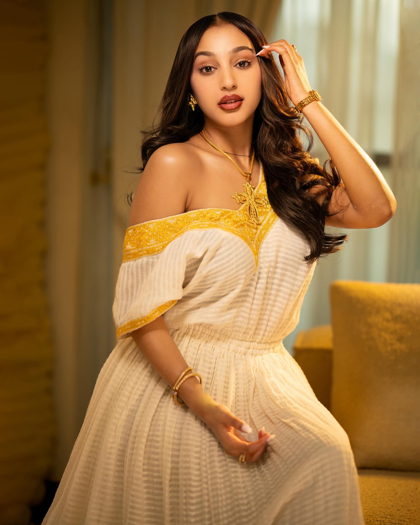 Ethiopian Traditional Dress White and Yellow Embroidered Habesha Kemis Simple Habesha Dress 177