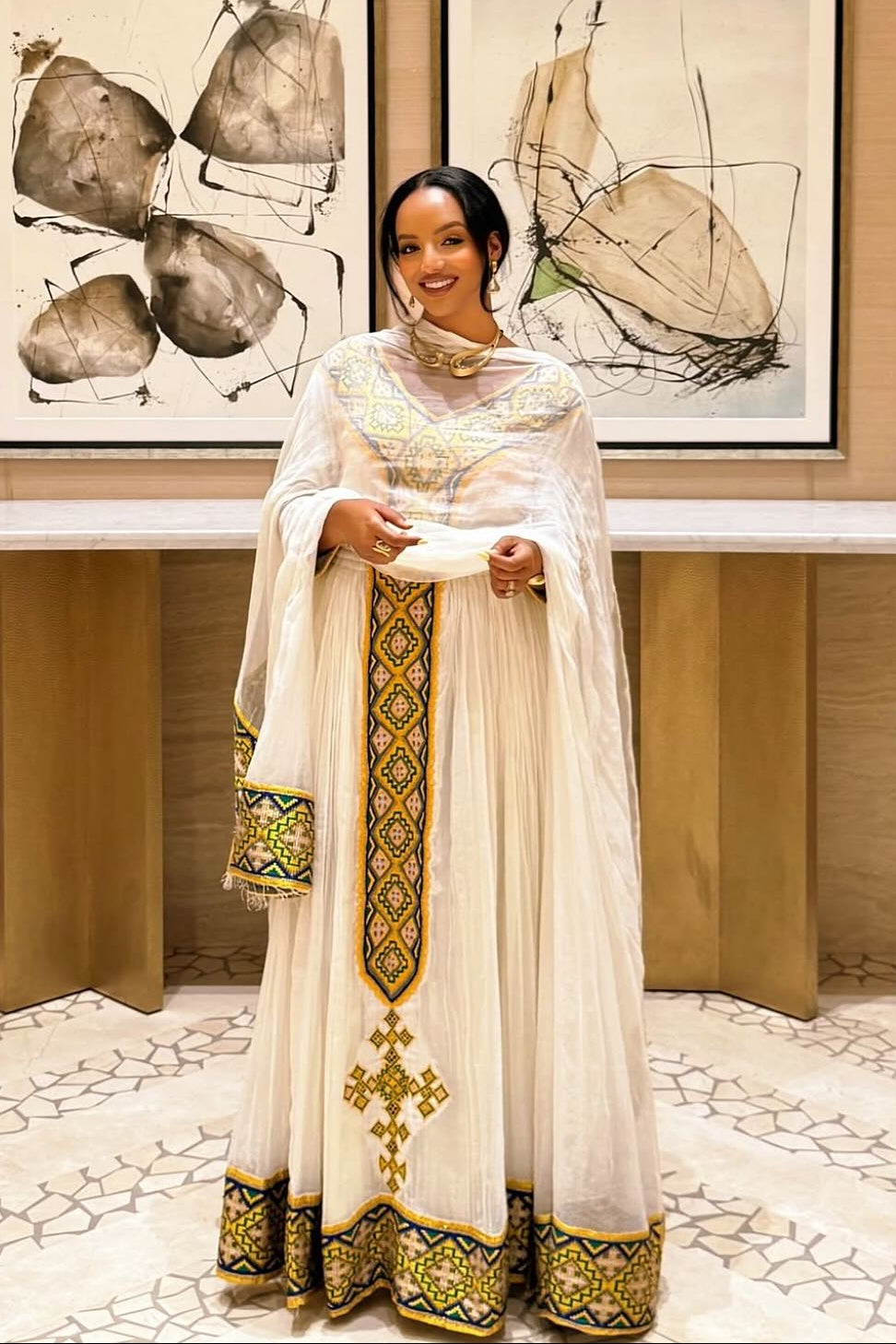 elegant Habesha cloth Ethiopian dress with green and gold embroidery