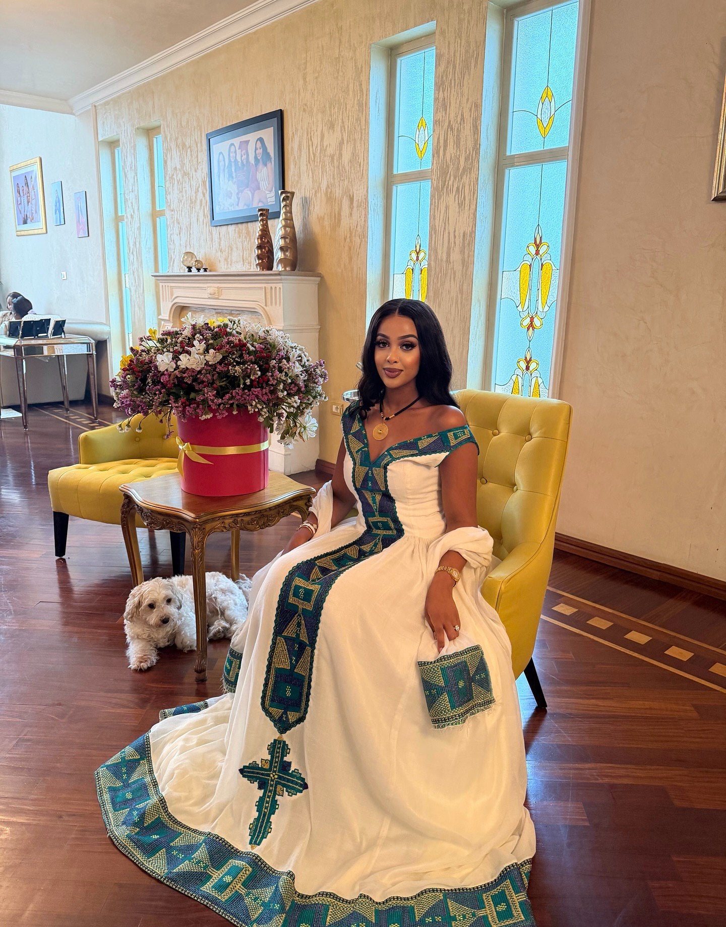 Off Shoulder Ethiopian Clothing Cross Embroidery Habesha Kemis Ethiopian Traditional Habesha Dress 201