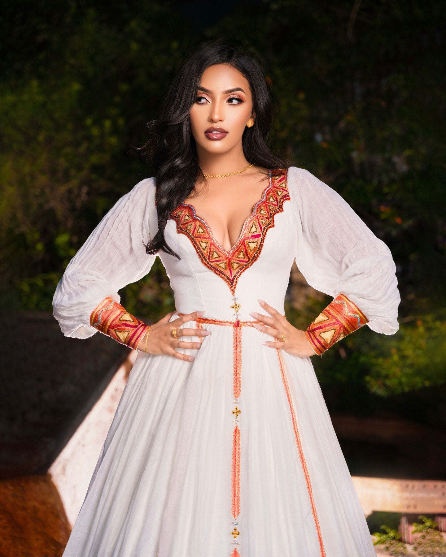 Red and Gold Embroidered Habesha Dress V-Neckline Habesha Kemis Ethiopian Wedding Dress 202