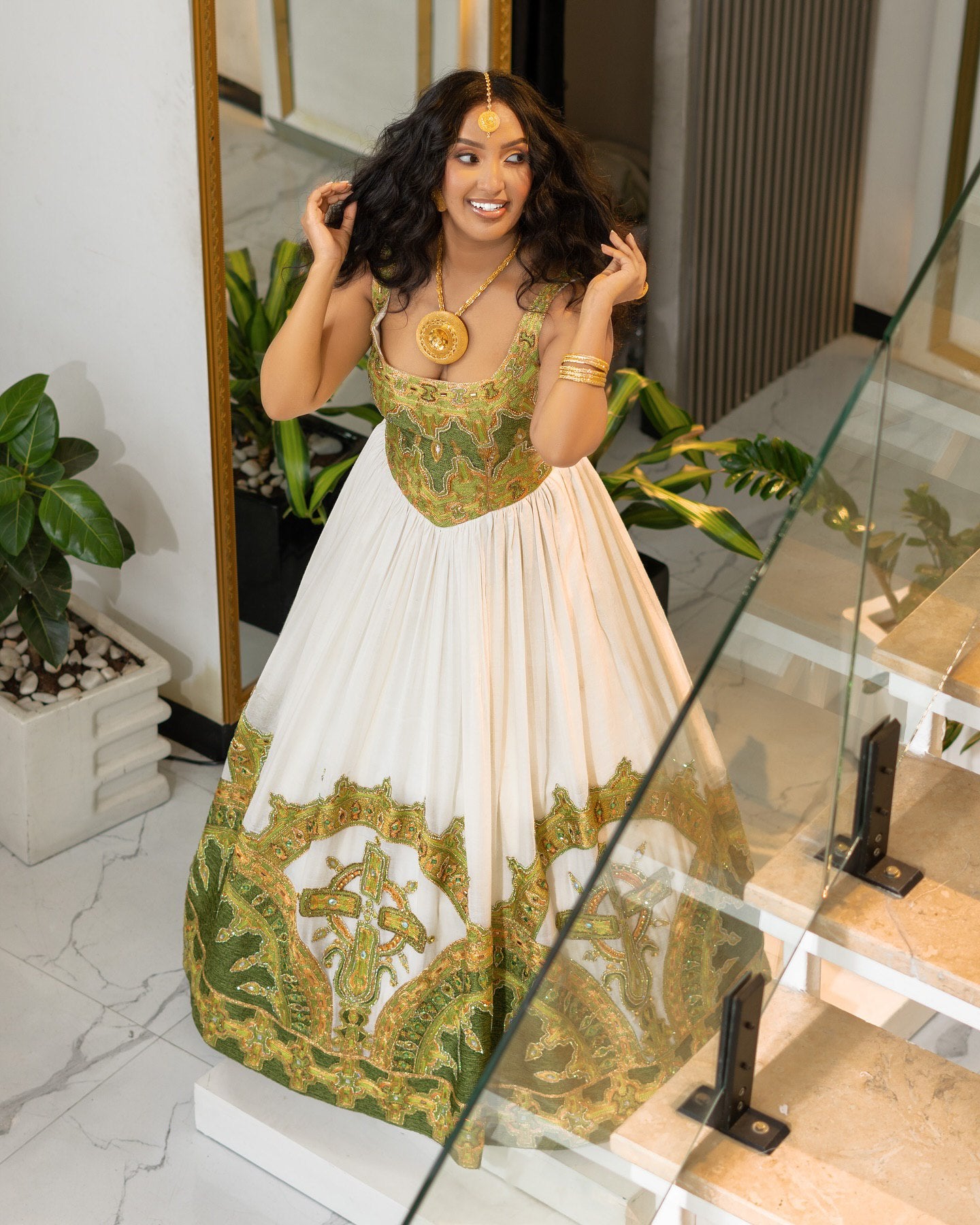 Green & Gold Ethiopian Wedding Dress Traditional Ethiopian Habesha Kemis Sleeveless Habesha Dress 204