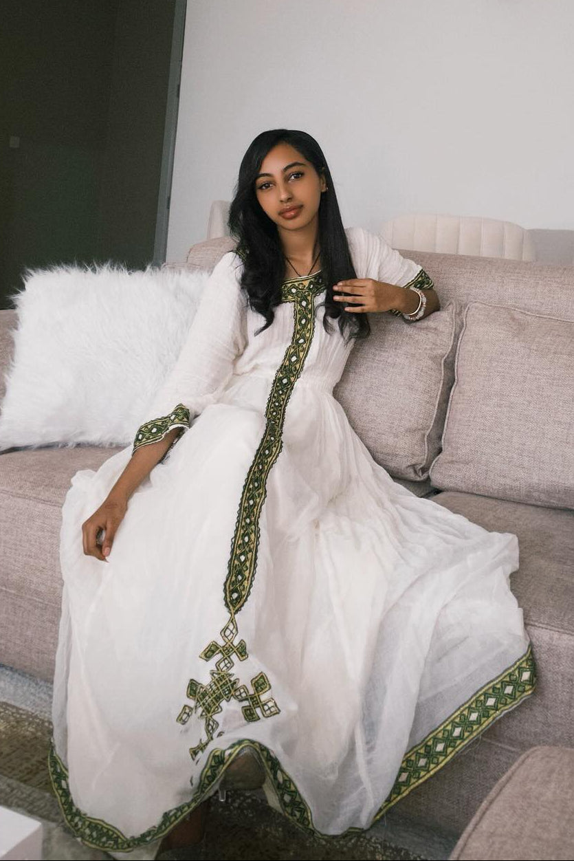 Green Embroidery Long Sleeve Habesha Kemis Ethiopian Dress Traditional Ethiopian Clothing