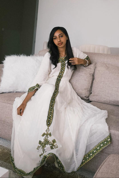 Green Embroidery Long Sleeve Habesha Kemis Ethiopian Dress Traditional Ethiopian Clothing