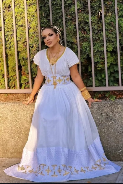 White Habesha Kemis Elegant Ethiopian Dress with Cross Embroidery Traditional Ethiopian Clothing