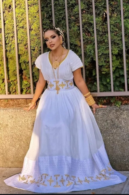 White Habesha Kemis Elegant Ethiopian Dress with Cross Embroidery Traditional Ethiopian Clothing