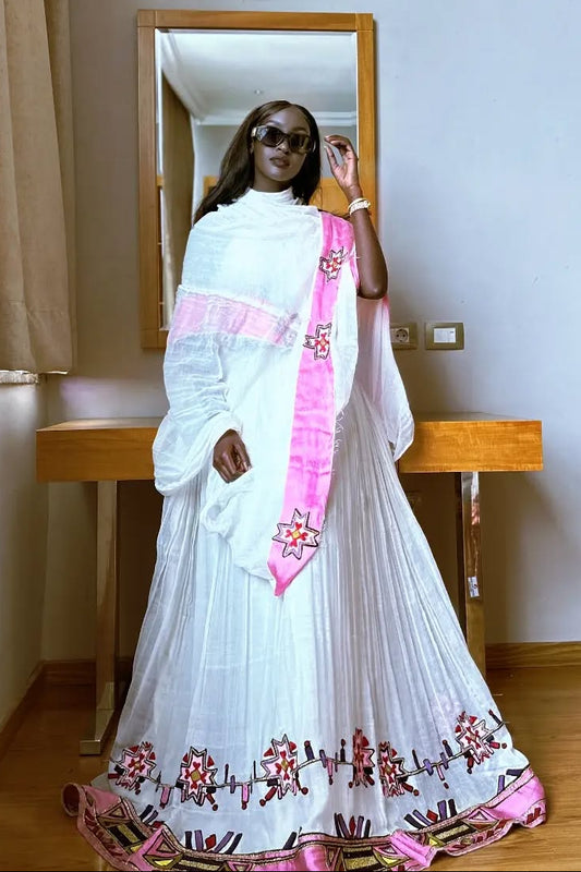 Pink Embroidered Habesha Kemis Ethiopian Dress with Netela Shawl Habesha Dress for Events 240