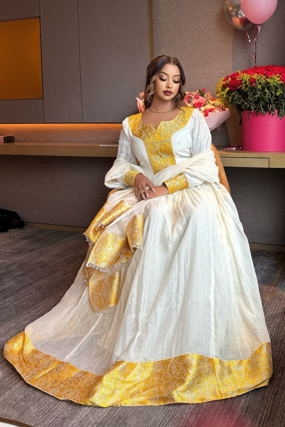 Yellow Woven Habesha Kemis Long Sleeve Traditional Ethiopian Clothing