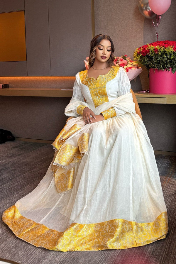 Yellow Woven Habesha Kemis Long Sleeve Traditional Ethiopian Clothing