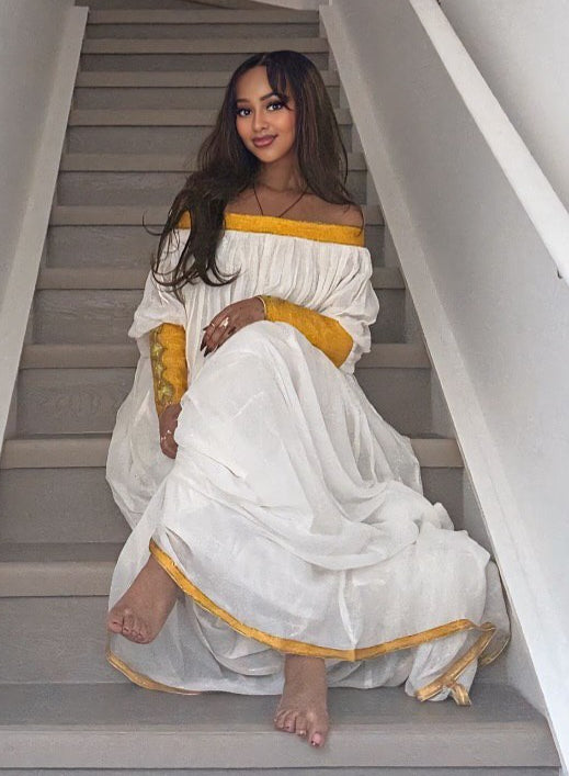 Traditional Ethiopian Dress Off-Shoulder Habesha Dress Style Simple Design Habesha Kemis 259