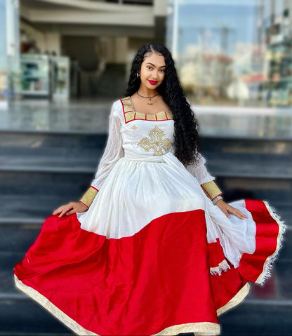 Red-Woven Ethiopian Dress Elegant Habesha Dress for Cultural Celebrations