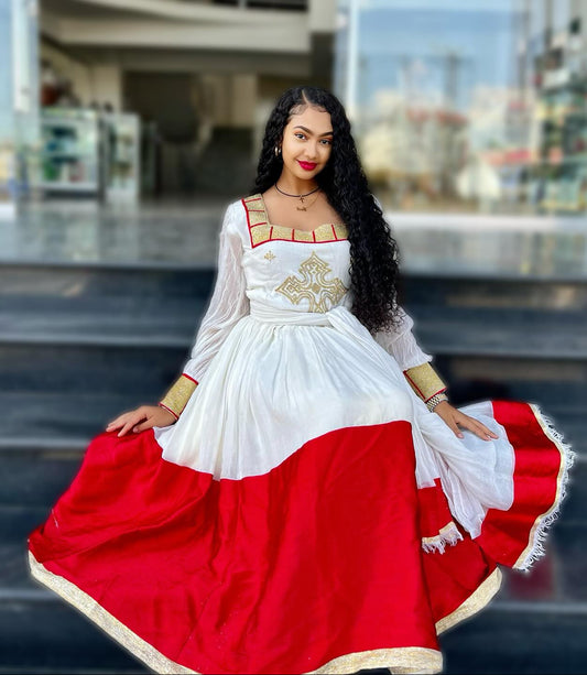 Red-Woven Ethiopian Dress Elegant Habesha Dress for Cultural Celebrations
