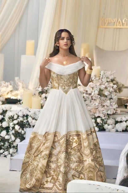 Ethiopian Wedding Dress Golden Habesha Kemis Traditional Ethiopian Dress with Handwoven Detail 267