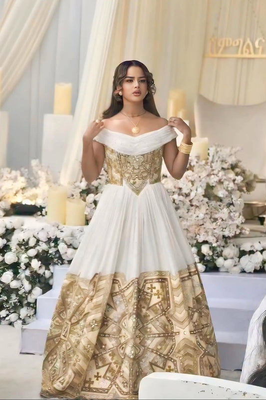 Ethiopian Wedding Dress Golden Habesha Kemis Traditional Ethiopian Dress with Handwoven Detail 267