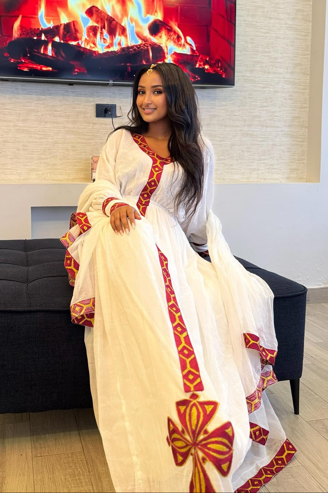  Elegant Handcrafted Ethiopian Clothing White & Red Habesha Dress