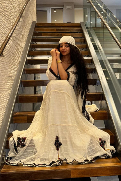 Authentic Eritrean & Ethiopian Clothing Handcrafted Habesha Dress Elegant Intricate Black Embroidery Habesha Kemis 274