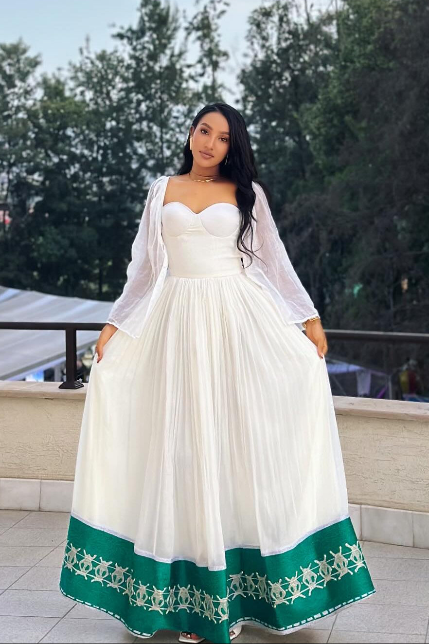 Green Hem Embroidered Habesha Dress Authentic Ethiopian & Eritrean Style