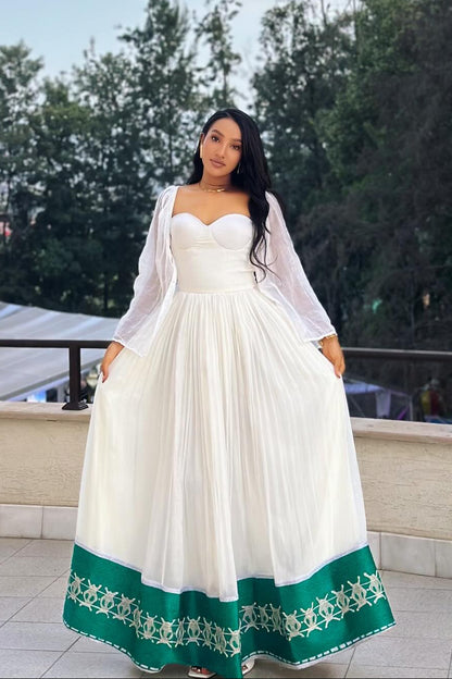 Green Hem Embroidered Habesha Dress Authentic Ethiopian & Eritrean Style