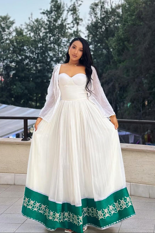 Green Hem Embroidered Habesha Dress Authentic Ethiopian & Eritrean Style