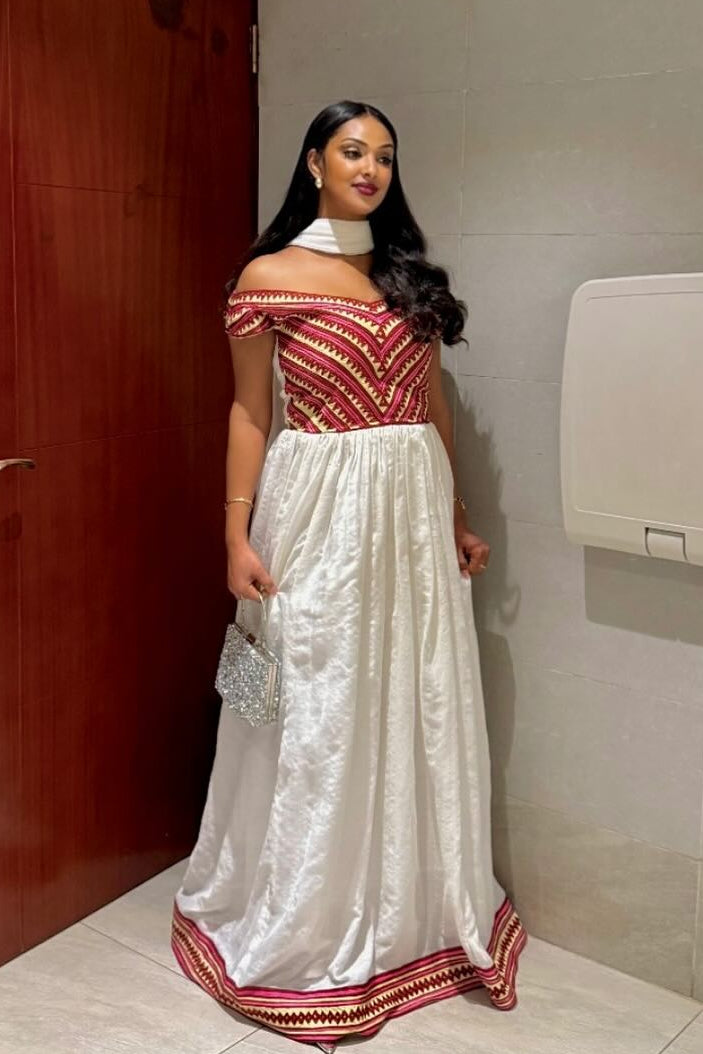 Traditional Habesha Dress with Red–Gold Cultural Detailing