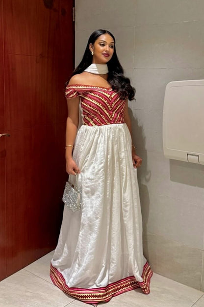 Traditional Habesha Dress with Red–Gold Cultural Detailing