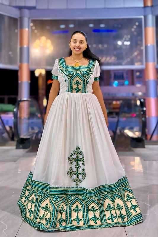  Ethiopian traditional dress Cross Embroidery Short-Sleeve habesha dress