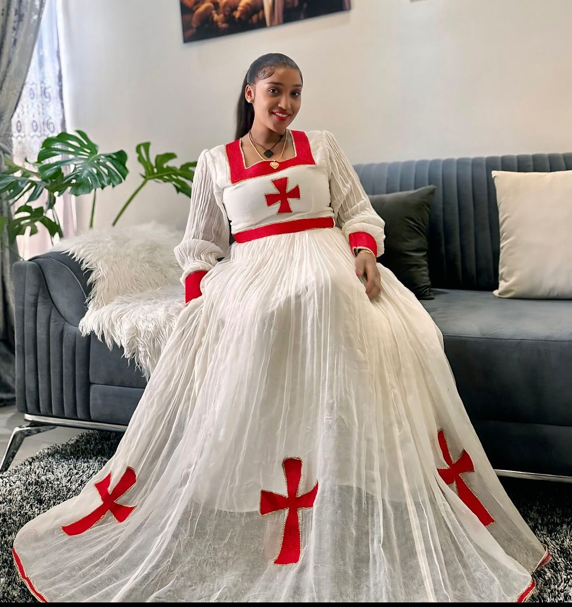 Long-Sleeve Red Cross habesha kemis Stunning Traditional Ethiopian Dress