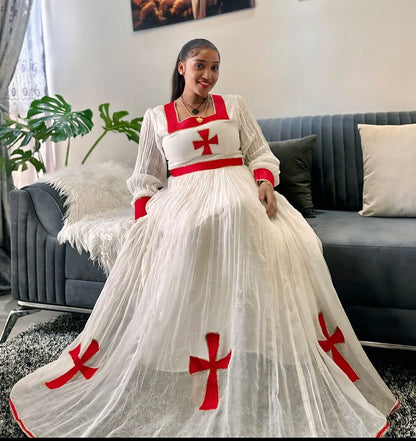 Long-Sleeve Red Cross habesha kemis Stunning Traditional Ethiopian Dress