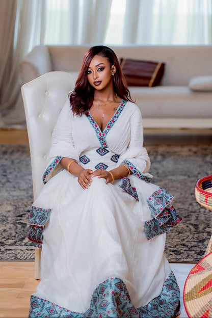 V-Neckline Habesha Dress Elegant Style Inspired by Traditional Ethiopian Dress