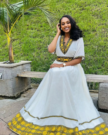 V-Neck Habesha Kemis with Yellow Weaving Traditional Ethiopian Dress Crafted from Authentic Habesha Cloth