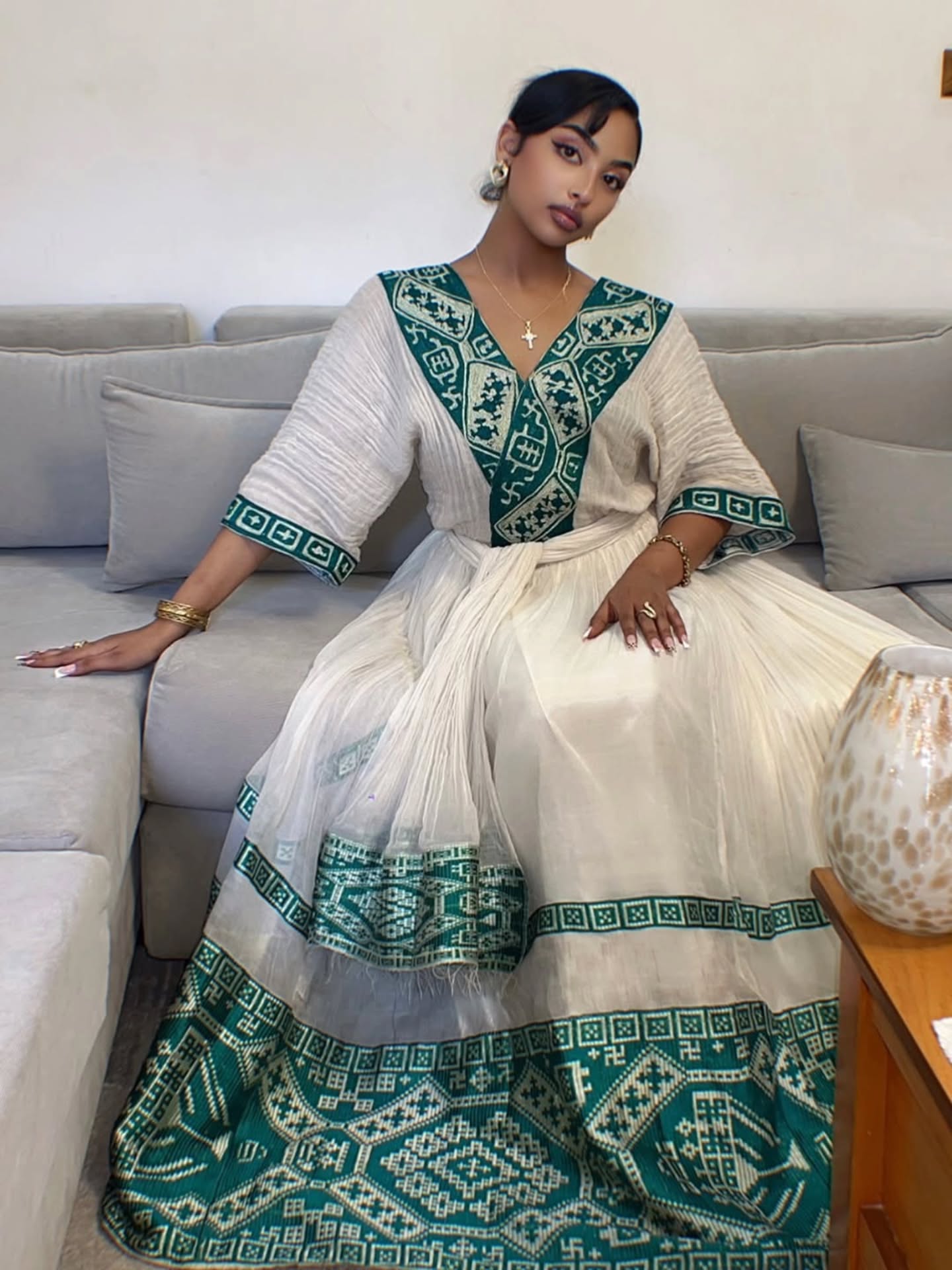 Vibrant Habesha Dress Graceful Habesha Kemis Timeless Ethiopian Dress With V-neckline 435