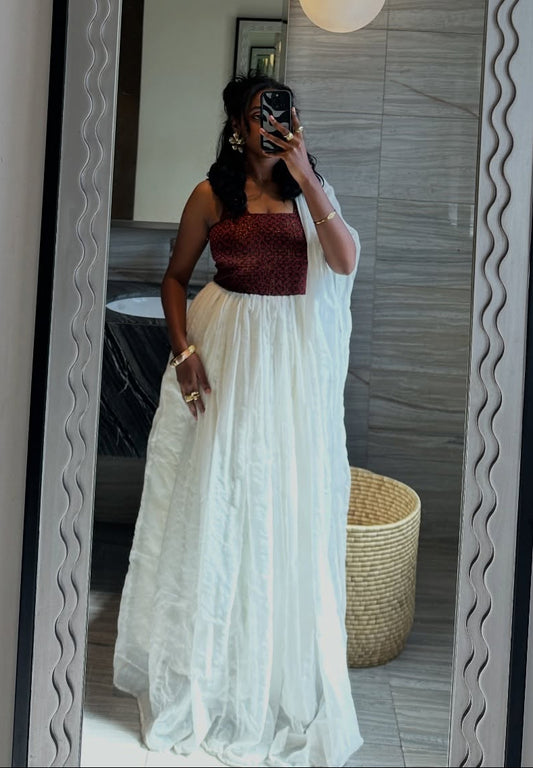 HABESHA KEMIS WHITE AND BURGUNDY TRADITIONAL ETHIOPIAN DRESS