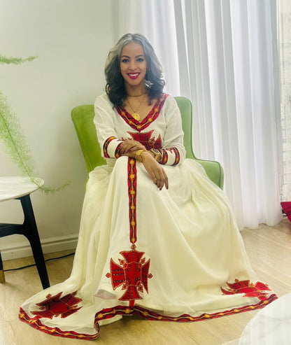 Cross Design Habesha Kemis Long Sleeve Habesha Dress in Ethiopian Dress Tradition 447