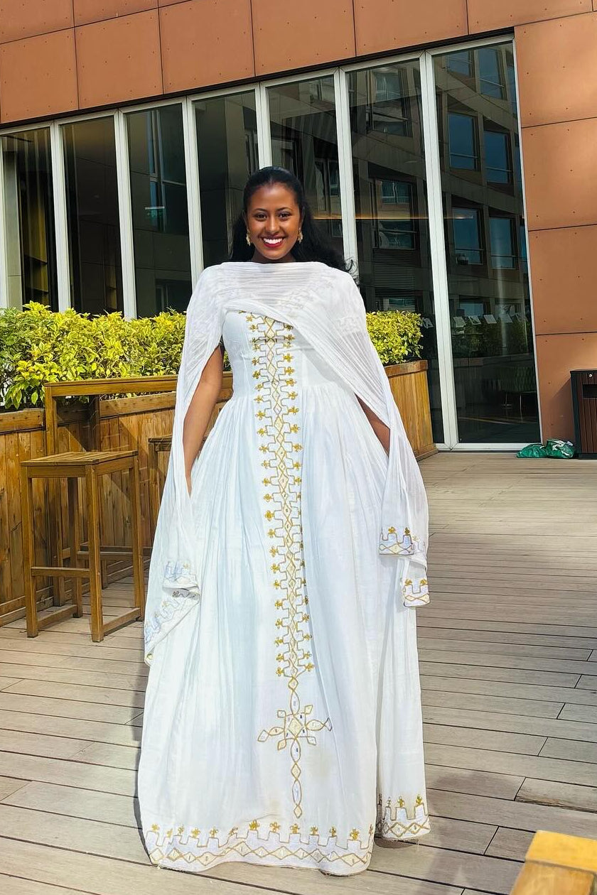 Traditional Ethiopian Dress For Event Short Sleeve Habesha Kemis Golden Embroidery Habesha Dress 468